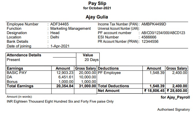 Payroll Tally Notes Payslip