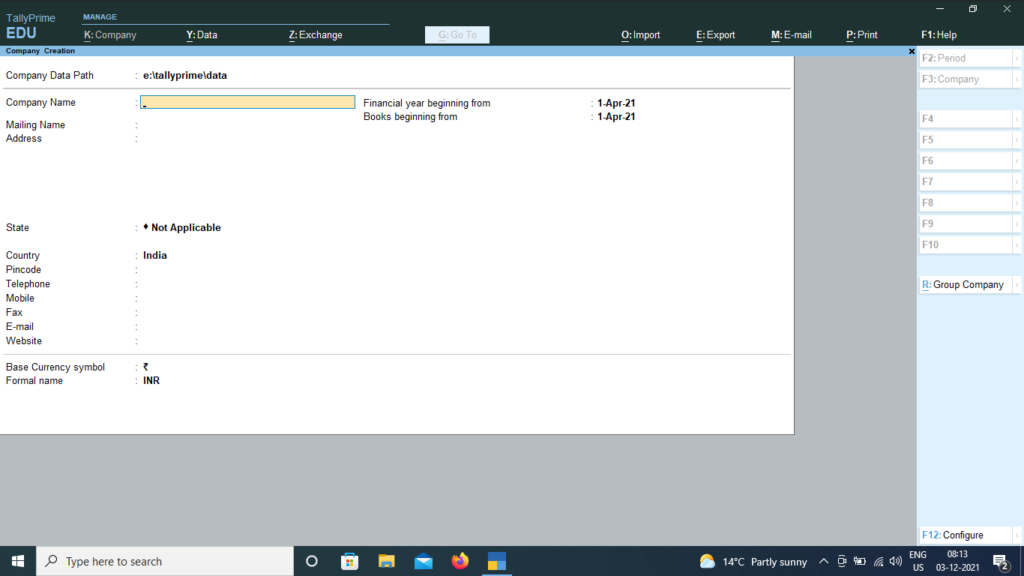 Create Company in Tally prime