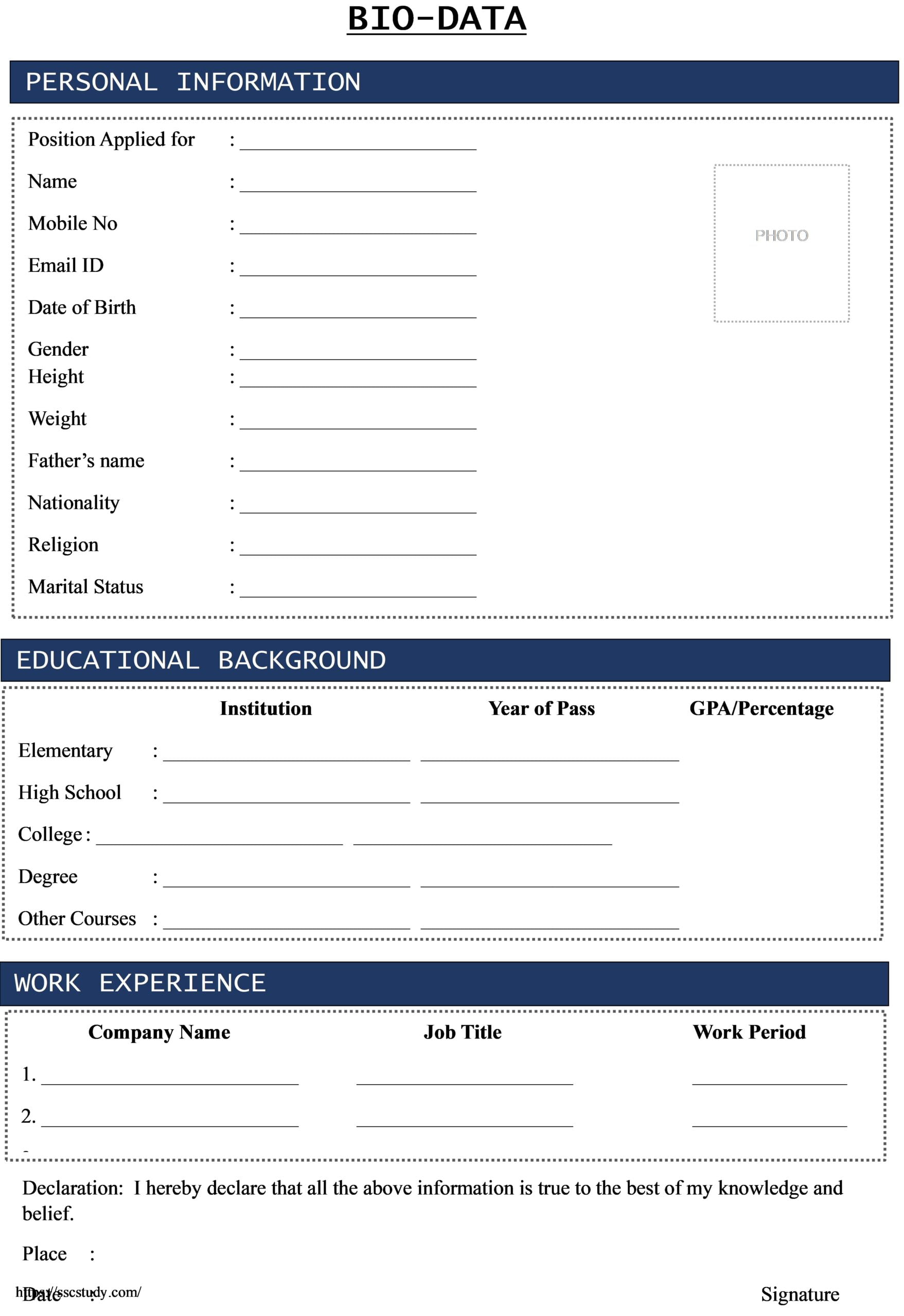 Bio Data Format for Job PDF and Word File Download - SSC STUDY